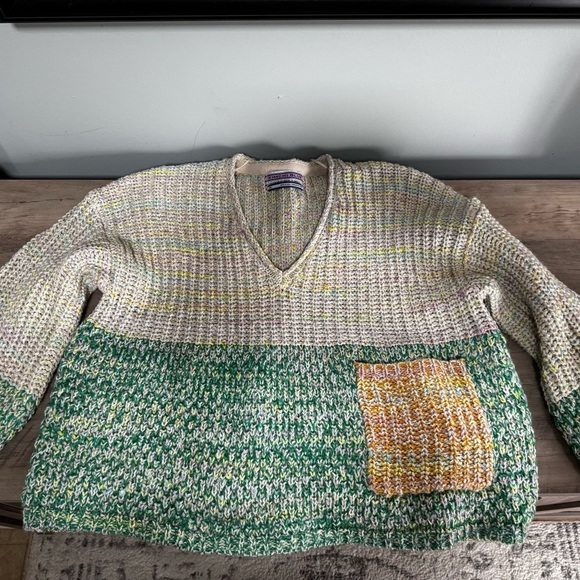 Kimchi Blue V-Neck Sweater in Green and Cream - Picture 2 of 7